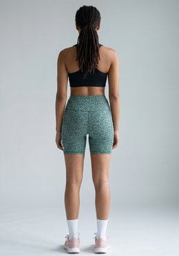 Layer Hybrid Training Tight Shorts in Green Leopard Print, back view
