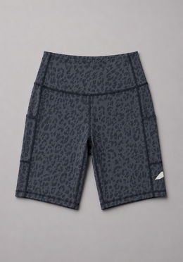 Layer Hybrid Training Tight Shorts in Dark Grey Leopard Print, flat lay
