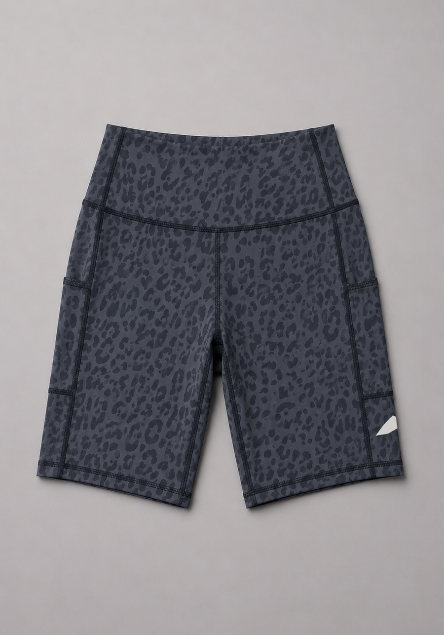 Layer Hybrid Training Tight Shorts in Dark Grey Leopard Print, flat lay
