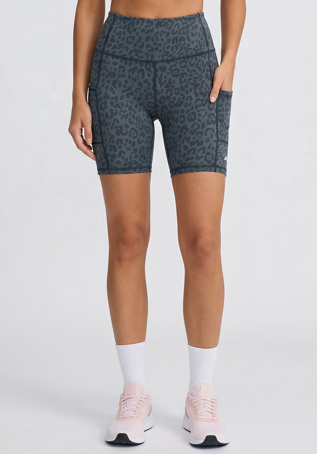 Layer Hybrid Training Tight Shorts in Dark Grey Leopard Print, front view
