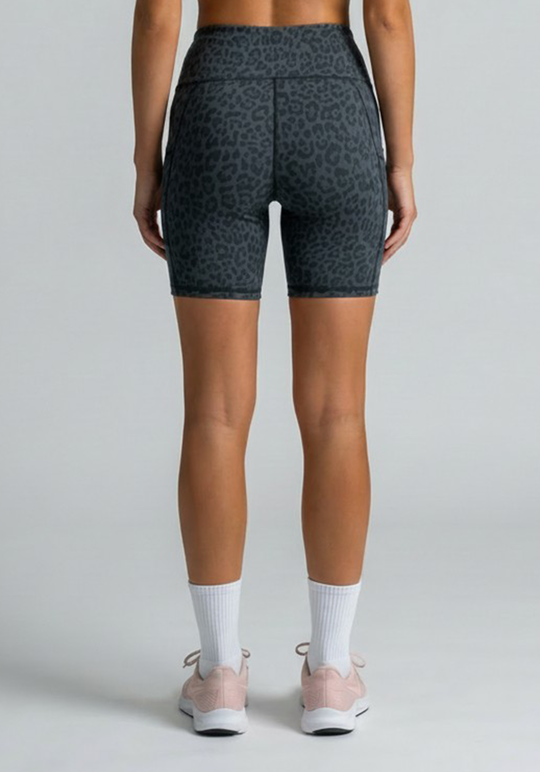Layer Hybrid Training Tight Shorts in Dark Grey Leopard Print, back view
