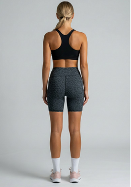 Layer Hybrid Training Tight Shorts in Dark Grey Leopard Print, back view

