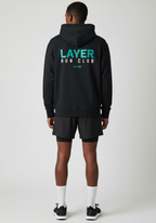 Layer Run Club black hoodie back view showing bold Layer Run Club branding worn by male runner