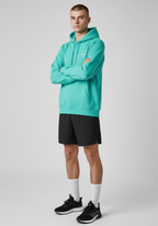 Male runner wearing the green Layer Run Club hoodie, front view with hood up and Layer logo visible.