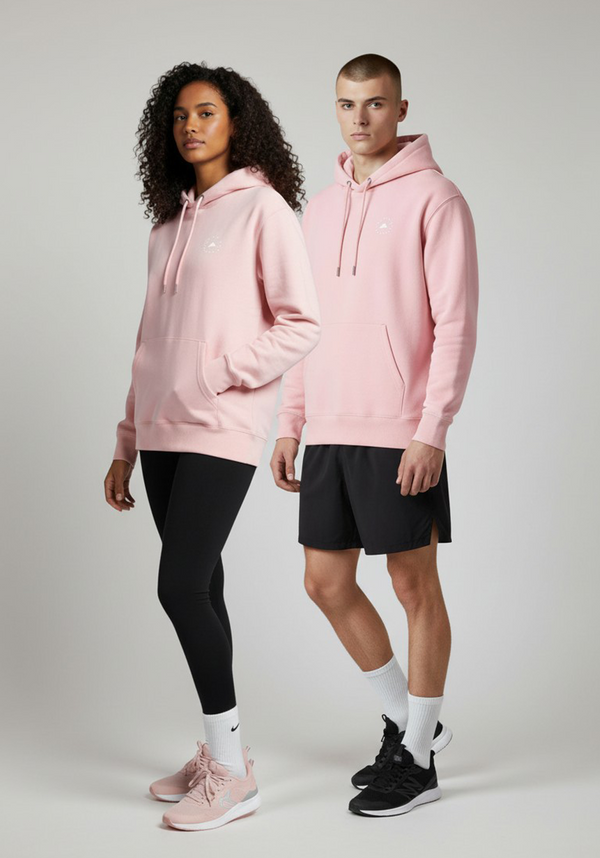 Male and female athletes wearing the Layer Run Club hoodie in pink, showing unisex fit and everyday athletic style.