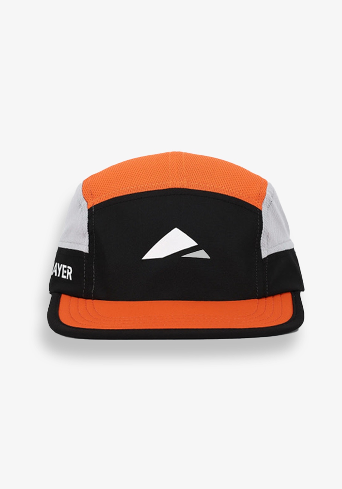Layer running cap black and orange front view five panel lightweight running cap with flat peak