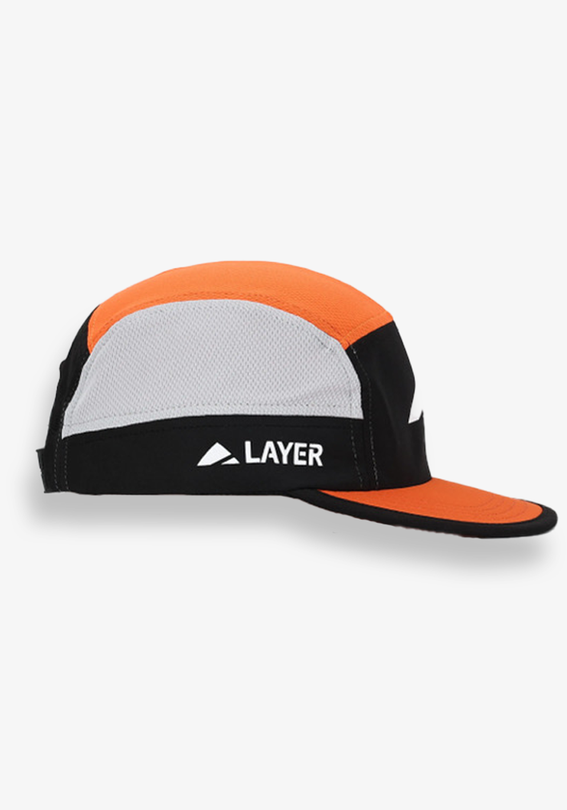 Layer running cap black and orange side view showing mesh ventilation panels and flexible peak