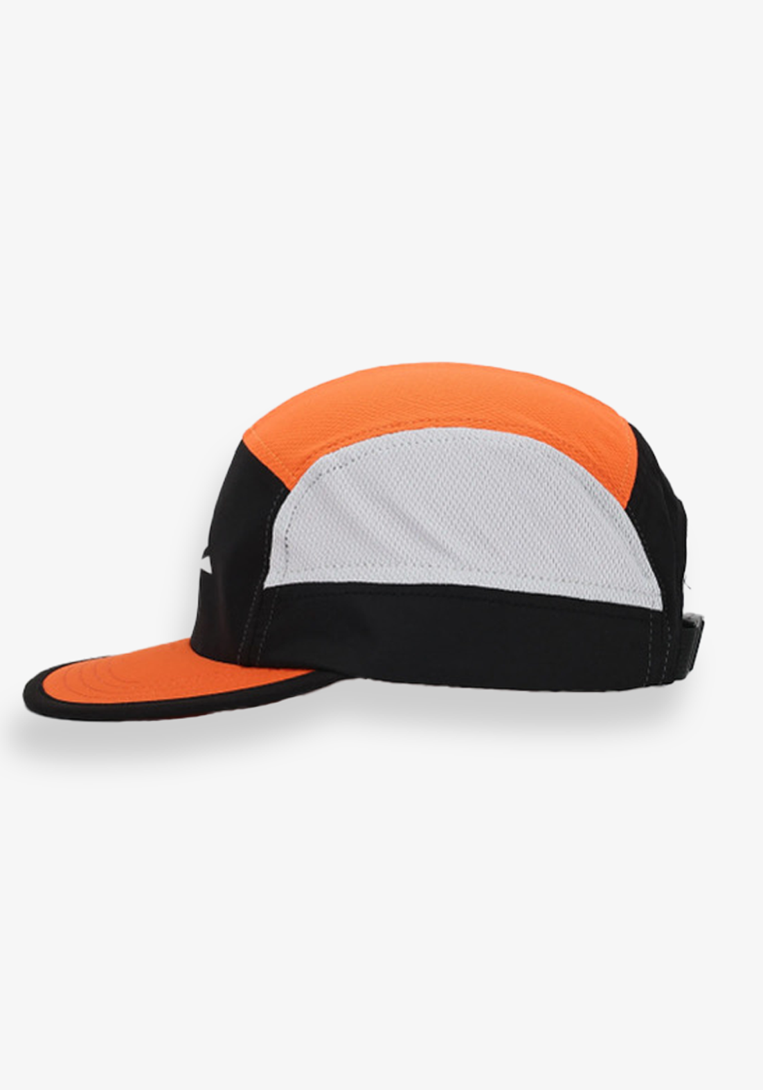 Layer running cap black and orange side profile highlighting lightweight construction and breathable materials