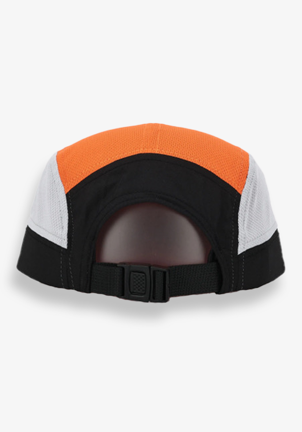 Back view of Layer running cap black and orange with adjustable clip closure and ventilated mesh panels