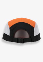 Back view of Layer running cap black and orange with adjustable clip closure and ventilated mesh panels