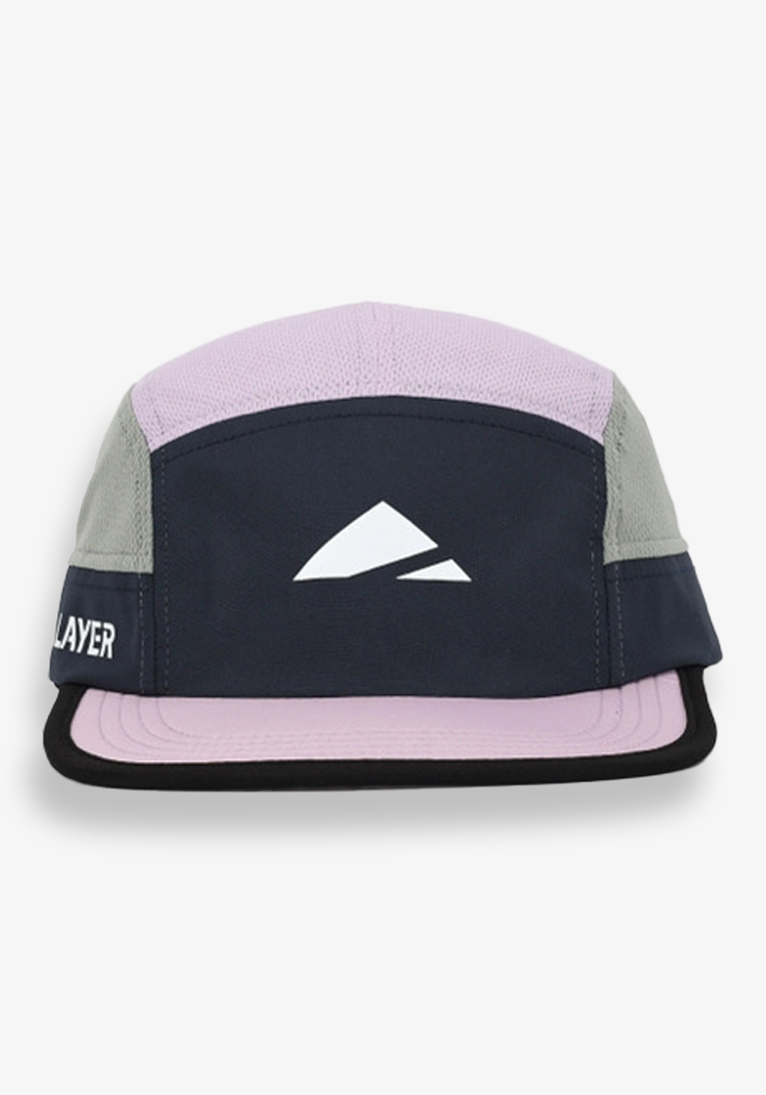 Front view of the Layer Running Cap in navy and lilac showing curved peak and Layer logo