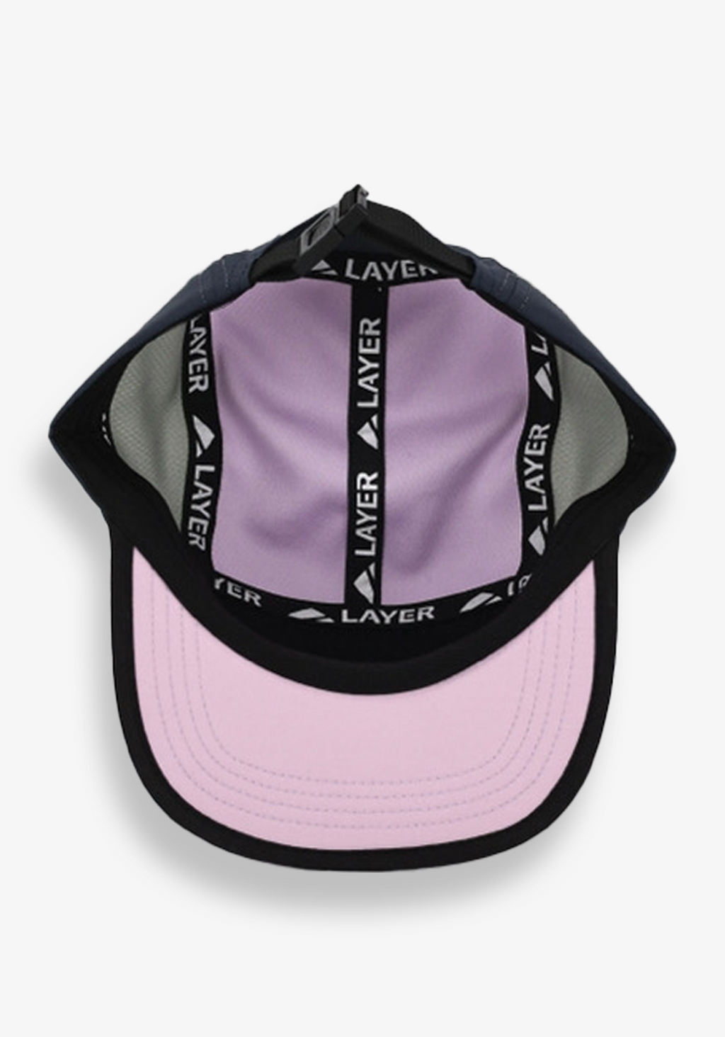 Inside view of the Layer Running Cap showing breathable mesh panels and internal Layer branding