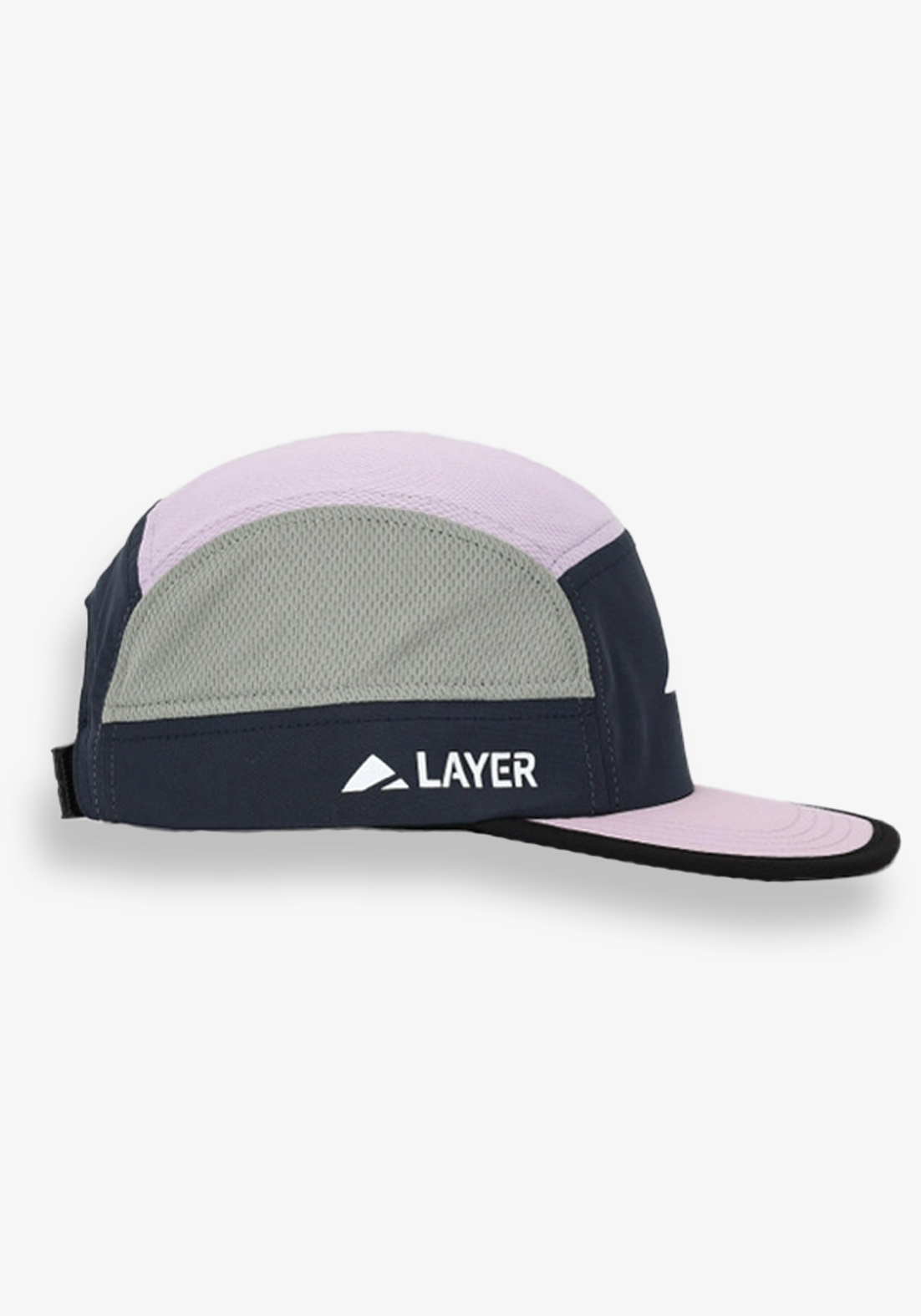Side view of the Layer Running Cap in navy and lilac highlighting lightweight performance fabric