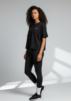 Layer Women’s FTR boxy graphic tee black front angled view relaxed boxy fit