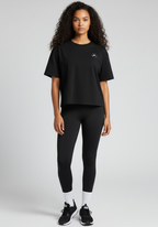 Layer Women’s FTR boxy graphic tee black full front view worn by female athlete