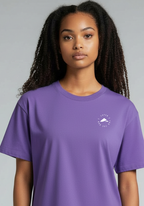 Layer Women’s FTR boxy graphic tee purple close up front view showing chest logo