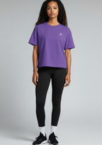 Layer Women’s FTR boxy graphic tee purple full front view worn by female athlete