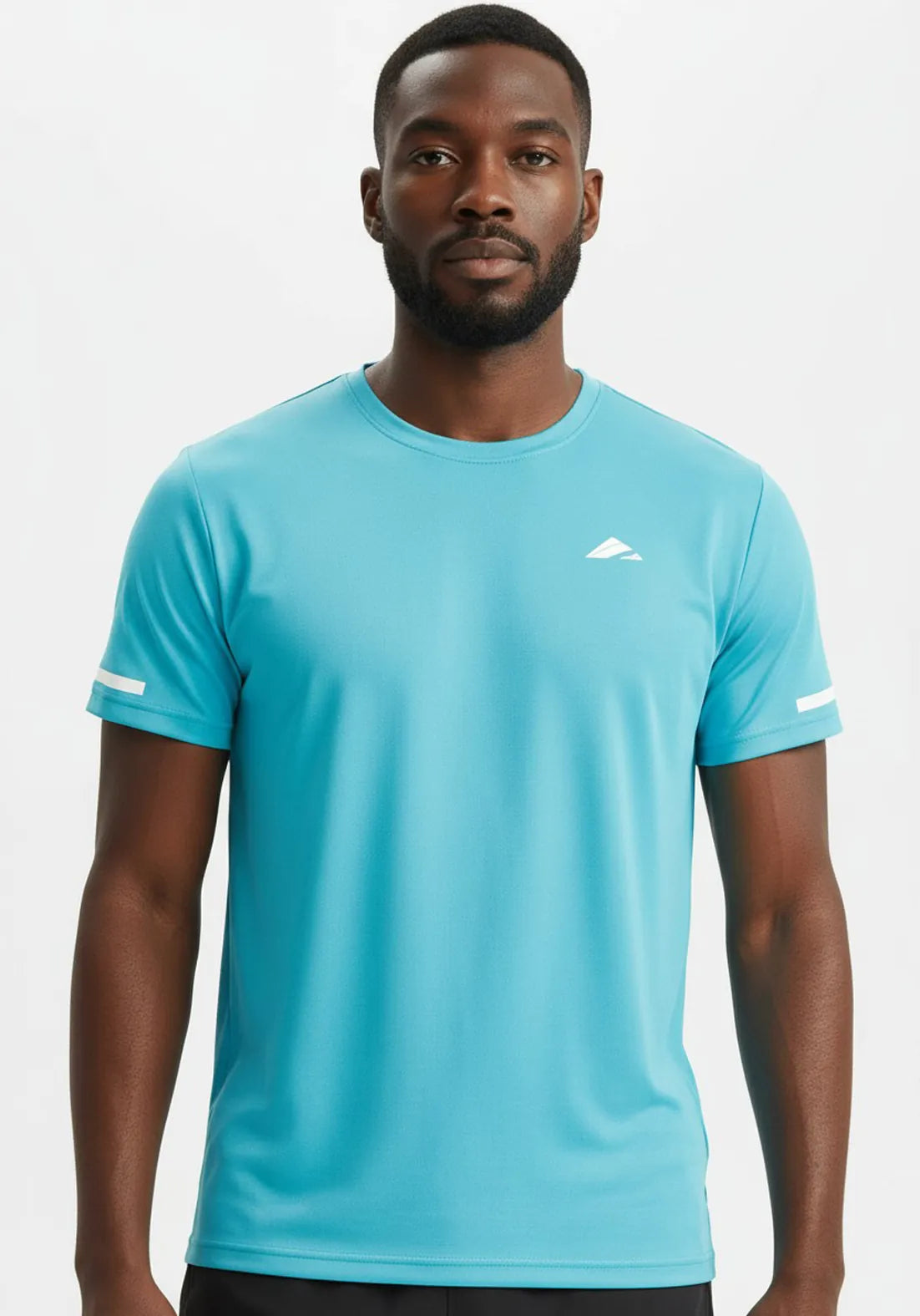 Close-up front view of Layer For The Run turquoise short sleeve running tee, showing soft breathable fabric and reflective sleeve detail.