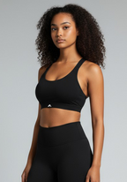 Side view of Layer Training Bra black showing athletic fit and stretch fabric