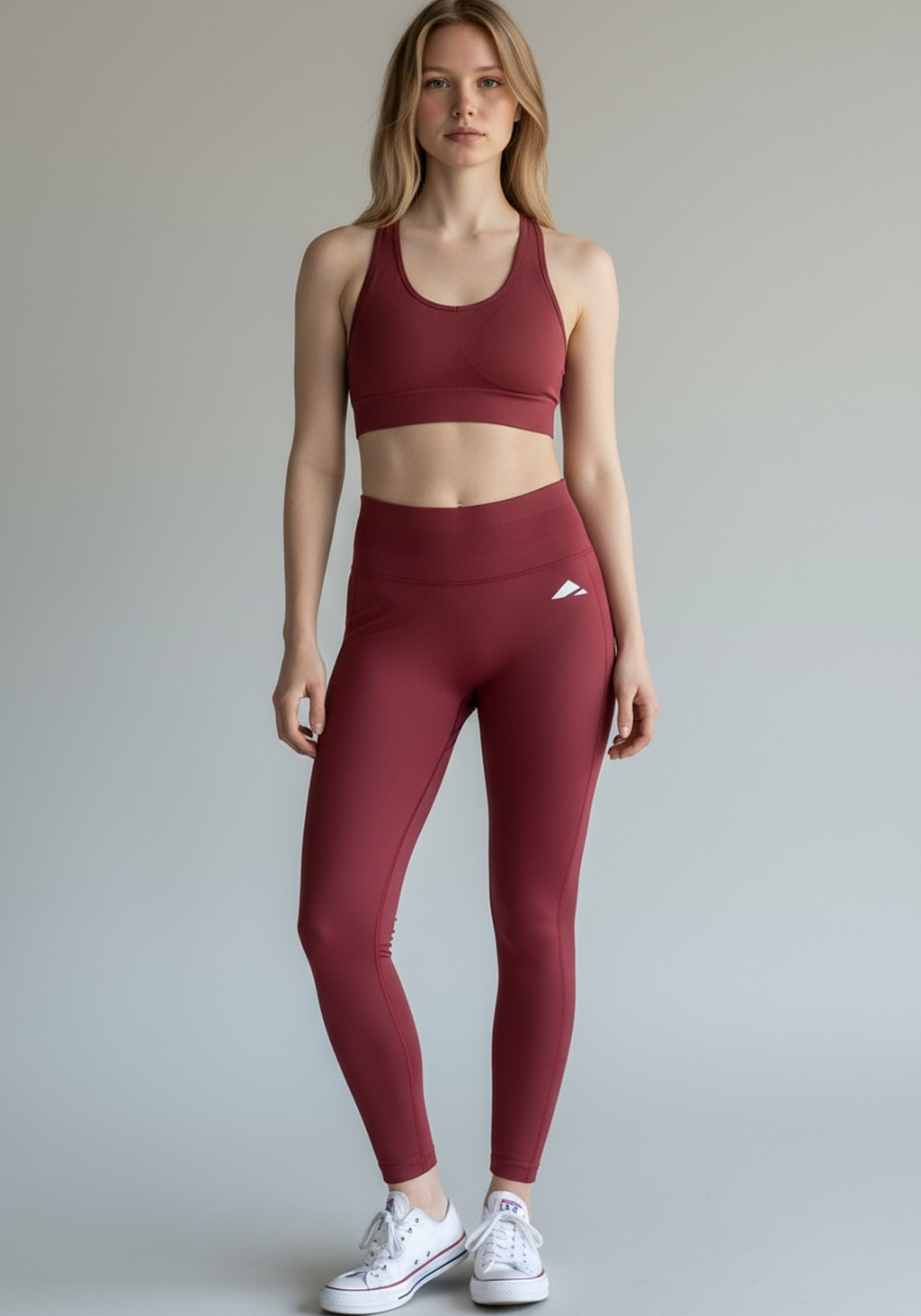 Layer Women’s Lift Training Leggings in cherry red – on-model front view showing high-rise fit and soft compression fabric