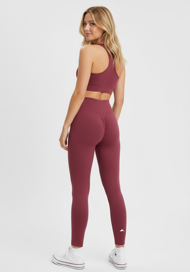 Layer Women’s Lift Training Leggings in cherry red – on-model back view showing supportive waistband and clean design