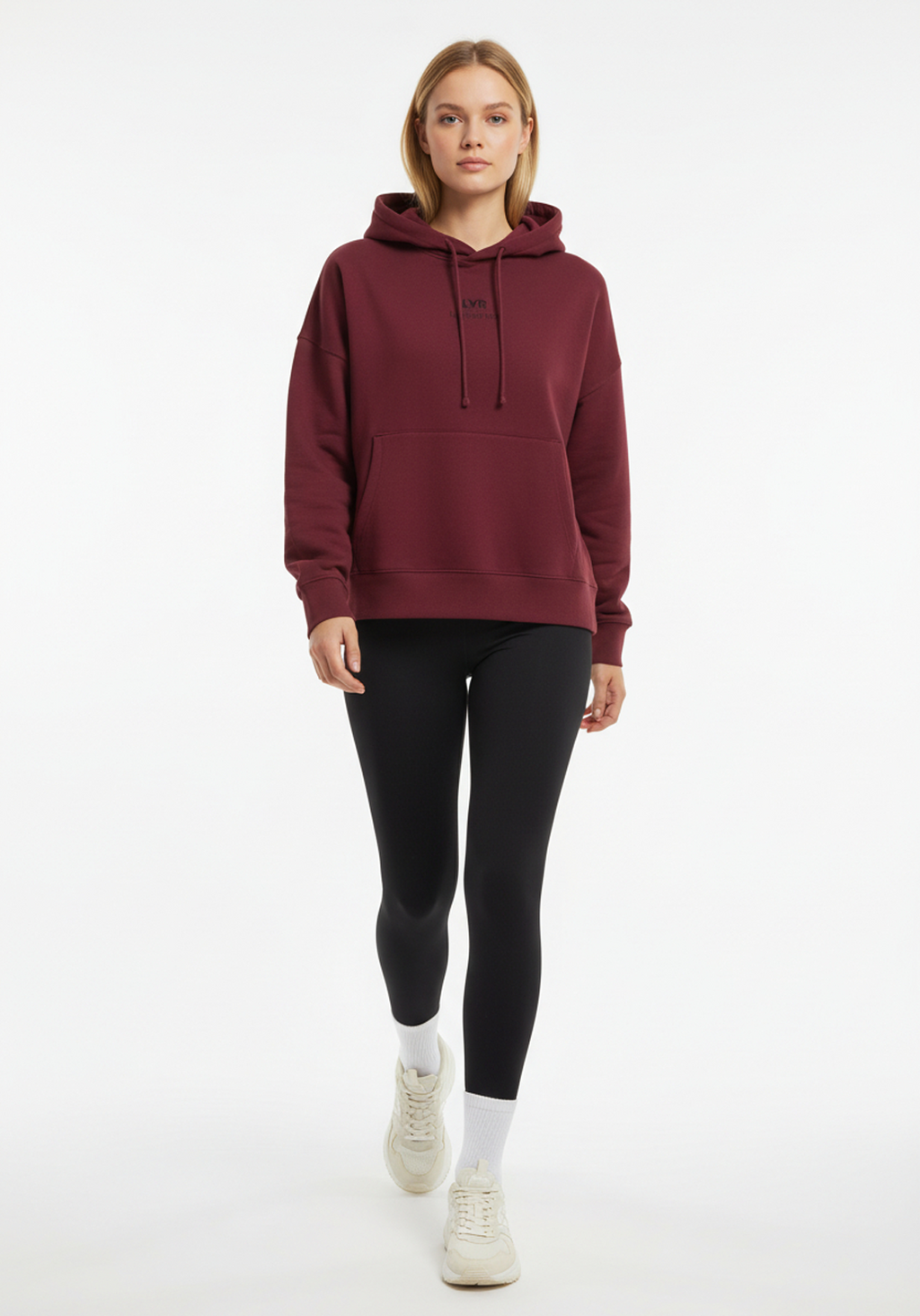 Front view of Layer Love Your Run hoodie in burgundy with Love Your Run message