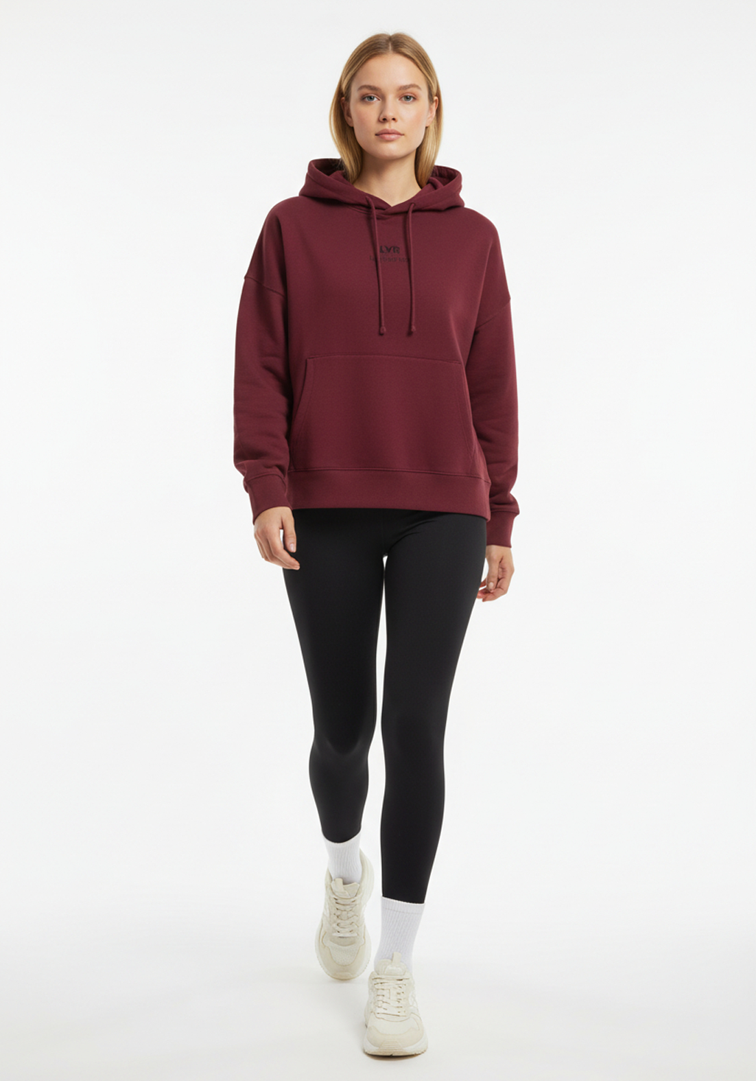 Layer Love Your Run Women's hoodie in burgundy, front view walking
