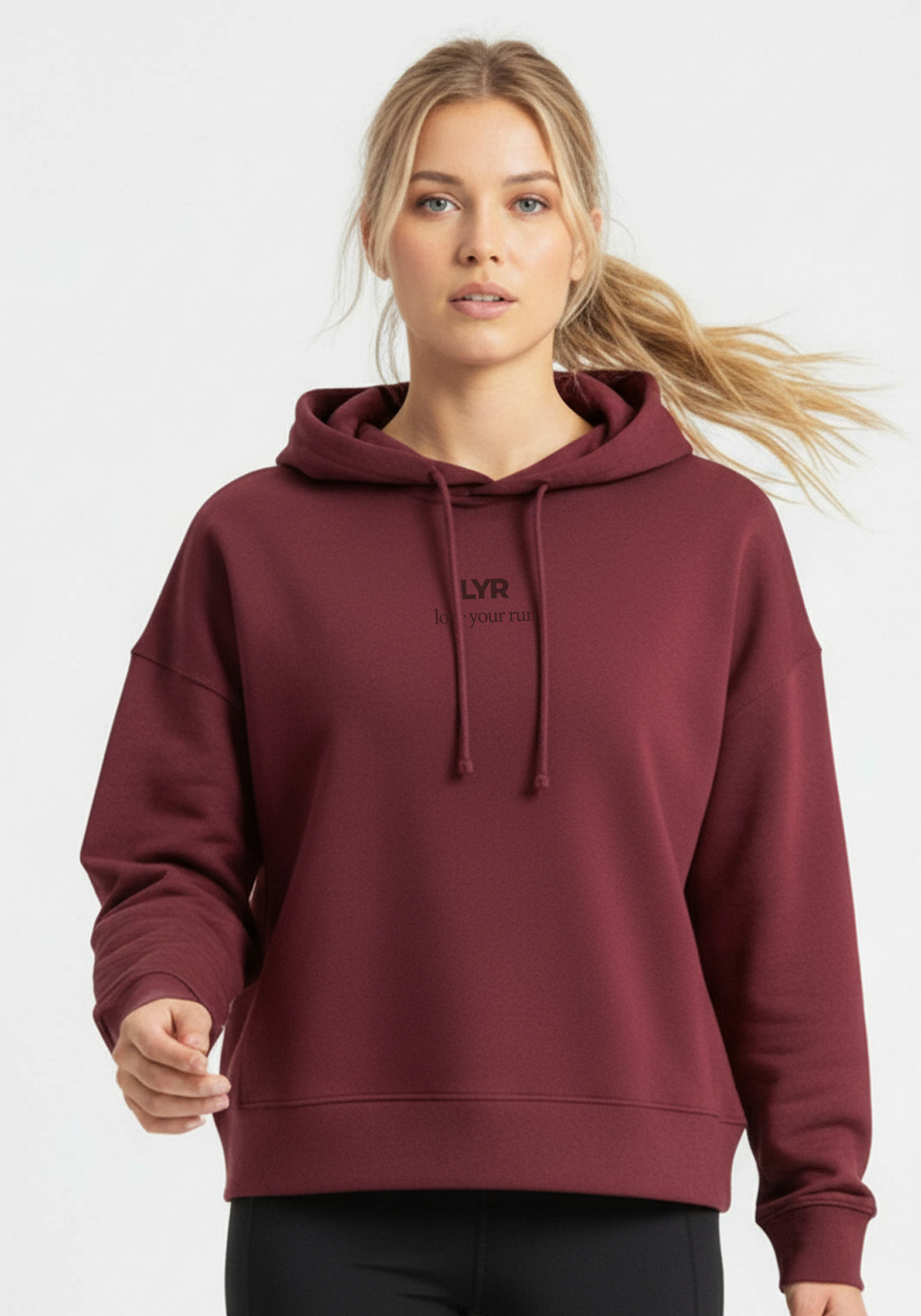 Close up of Layer Love Your Run hoodie chest logo and hood details in burgundy