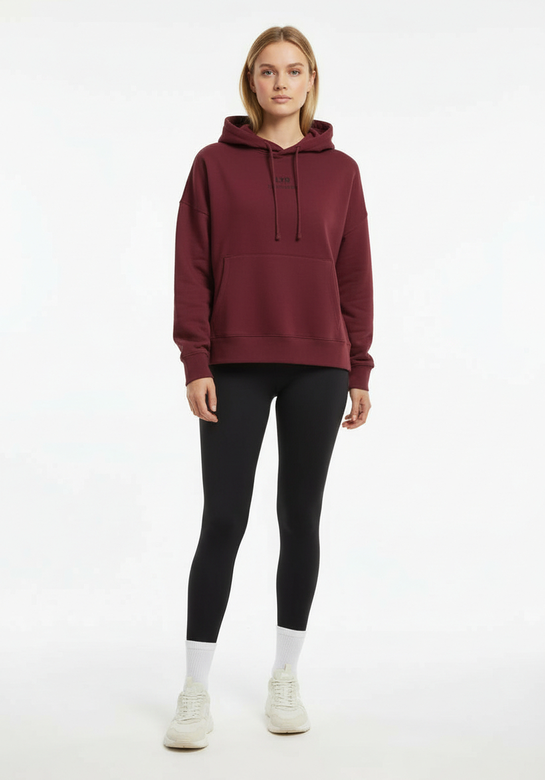 Layer Love Your Run Women's hoodie in burgundy, front view on model
