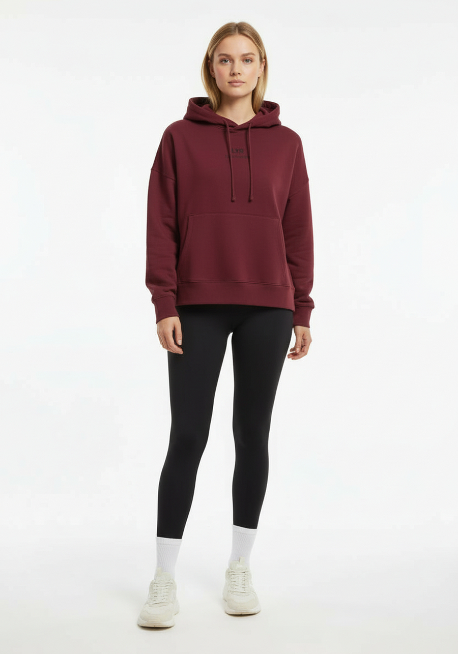 Layer Love Your Run Women's hoodie in burgundy, front view on model
