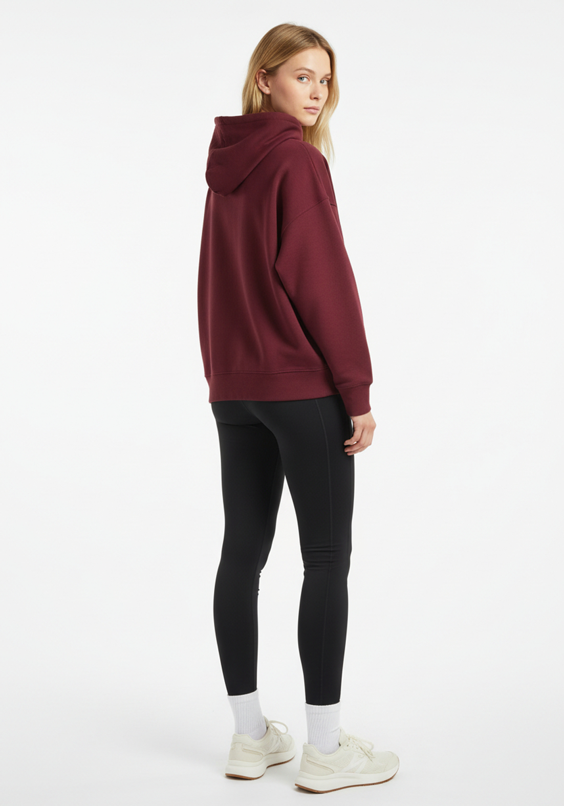 Layer Love Your Run Women's hoodie in burgundy, side view on model
