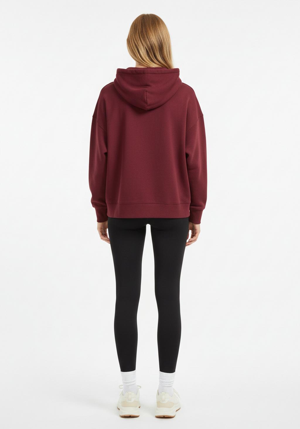 Back view of Layer Love Your Run hoodie in burgundy with relaxed silhouette