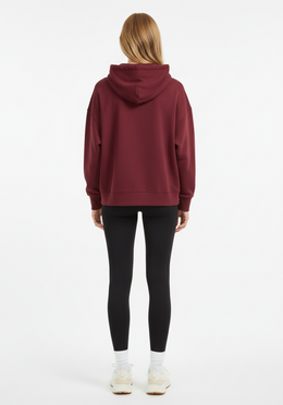 Layer Love Your Run Women's hoodie in burgundy, back view on model
