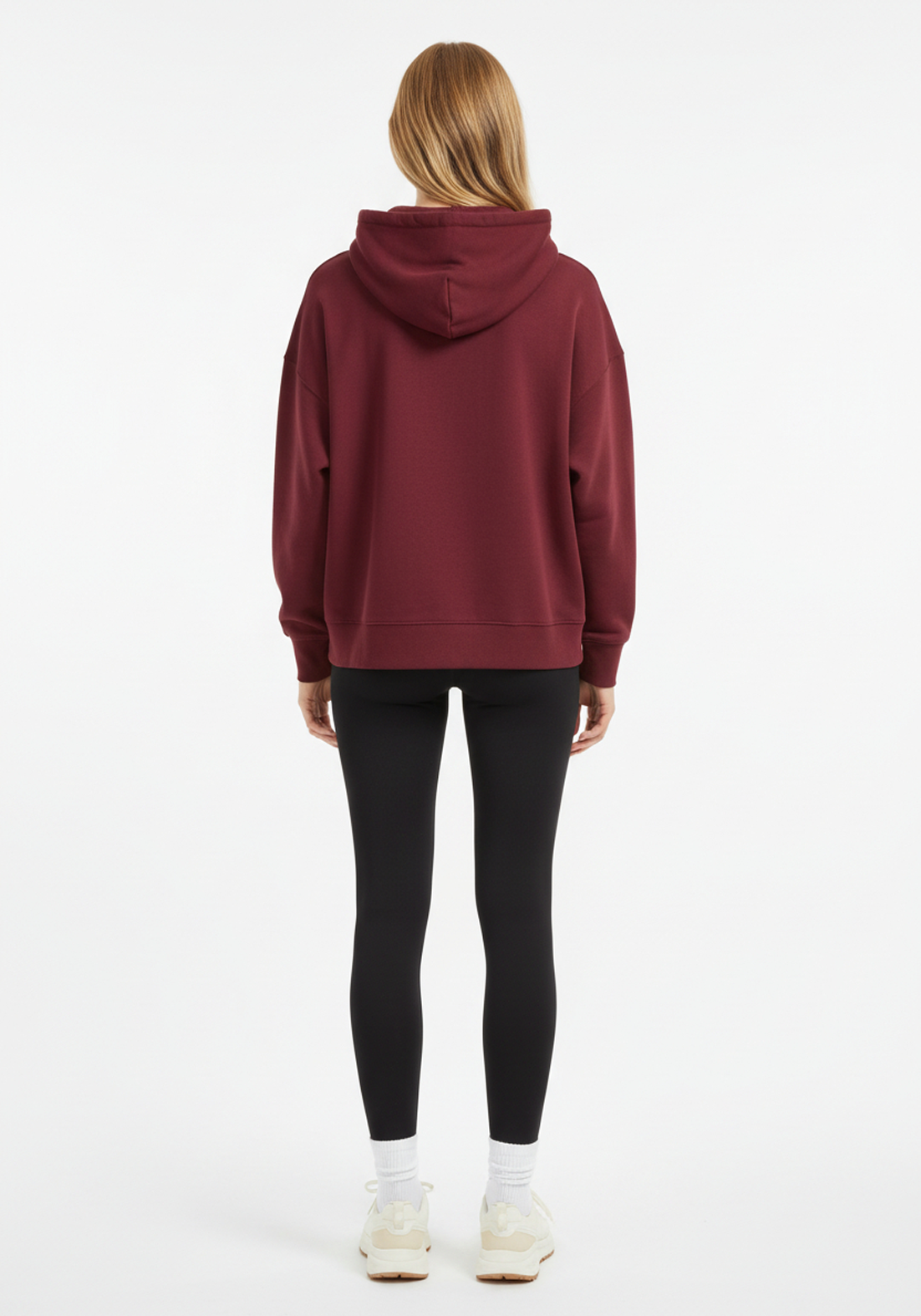 Back view of Layer Love Your Run hoodie in burgundy with relaxed silhouette