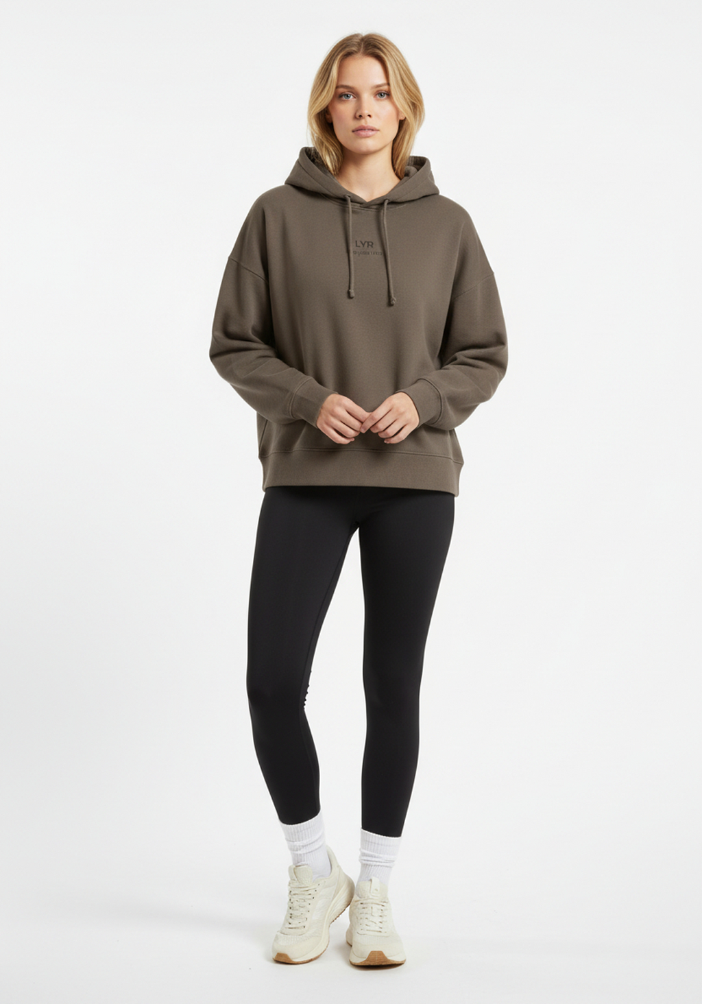 Front view of Layer Love Your Run hoodie in mocha with LYR Love Your Run print