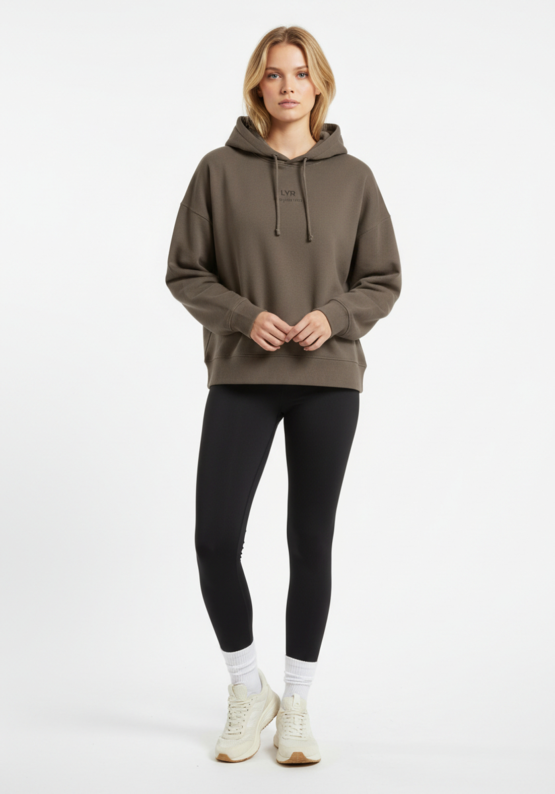 Front view of Layer Love Your Run hoodie in mocha with LYR Love Your Run print