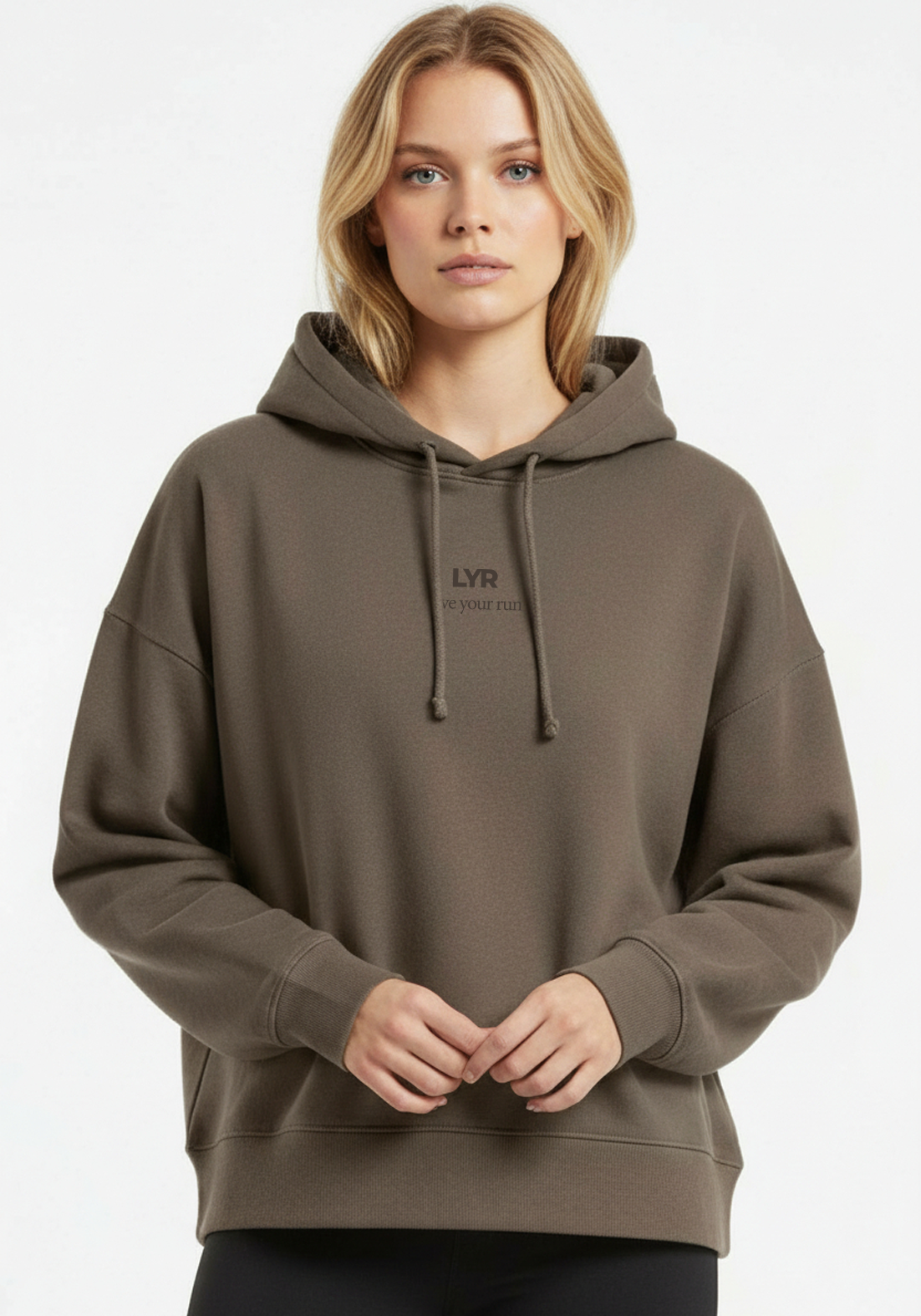 Close up of Layer Love Your Run hoodie in mocha showing hood and chest branding