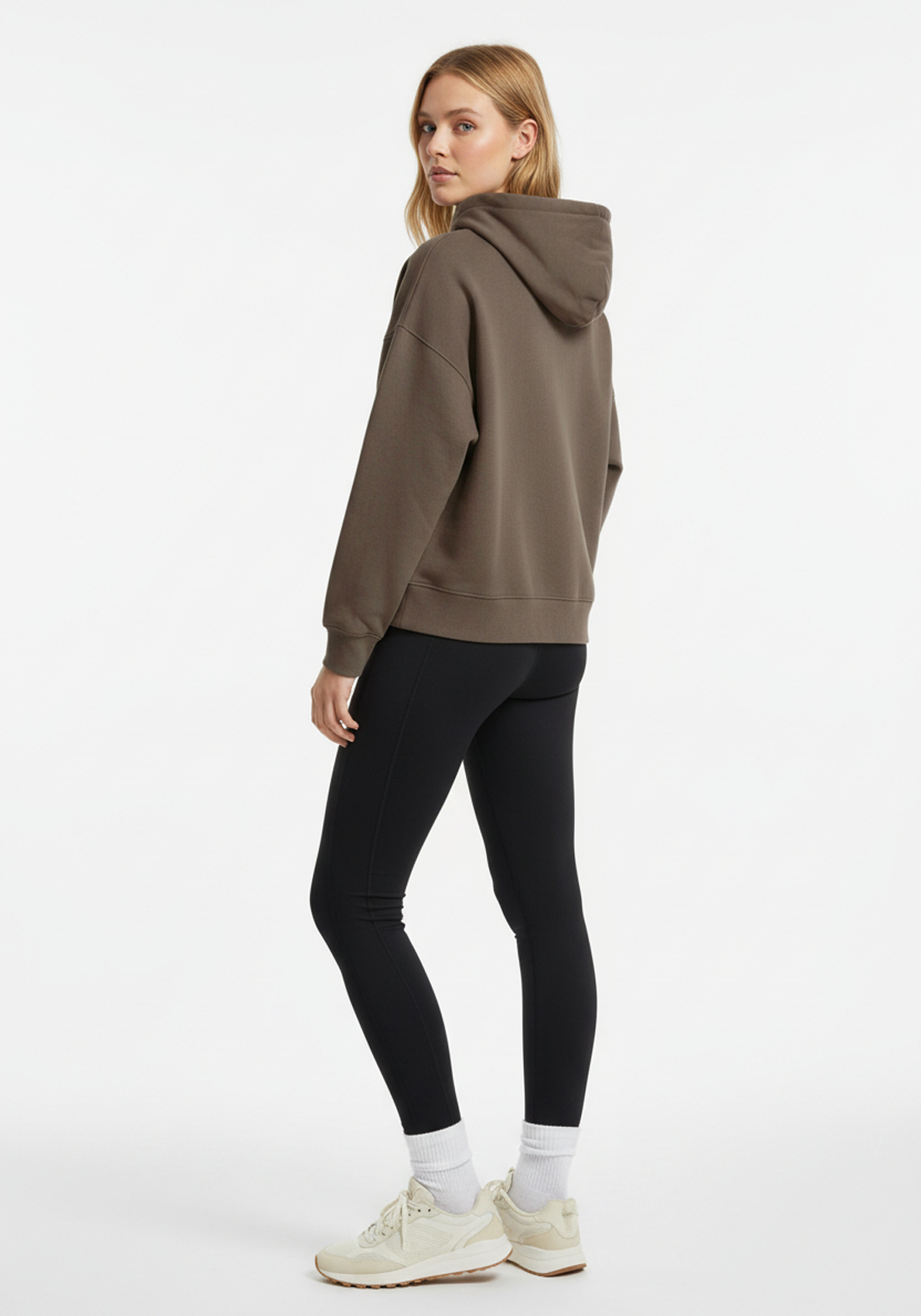 Side view of Layer Love Your Run hoodie in mocha with relaxed everyday fit
