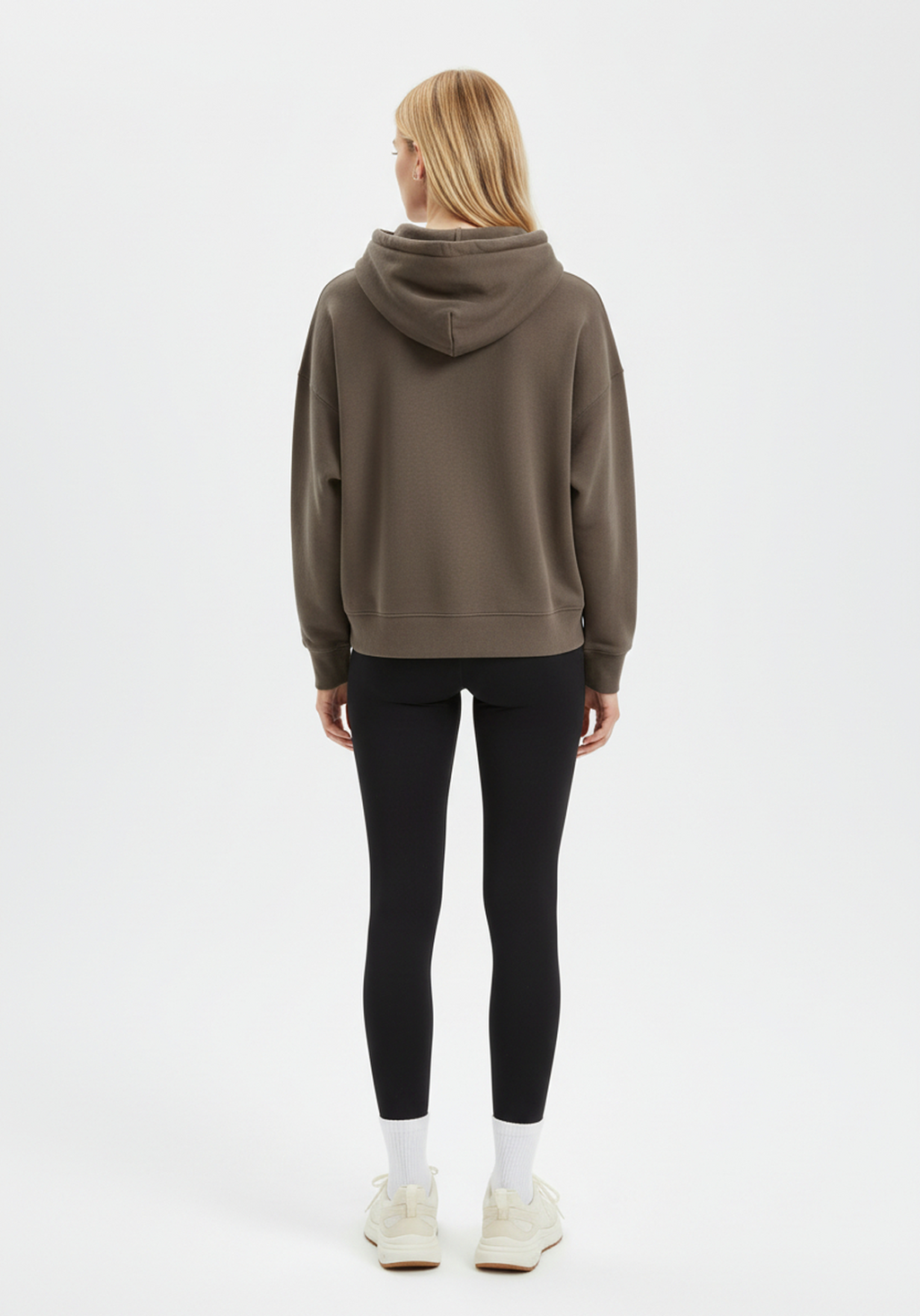 Woman wearing Layer Love Your Run hoodie in mocha shown from the back