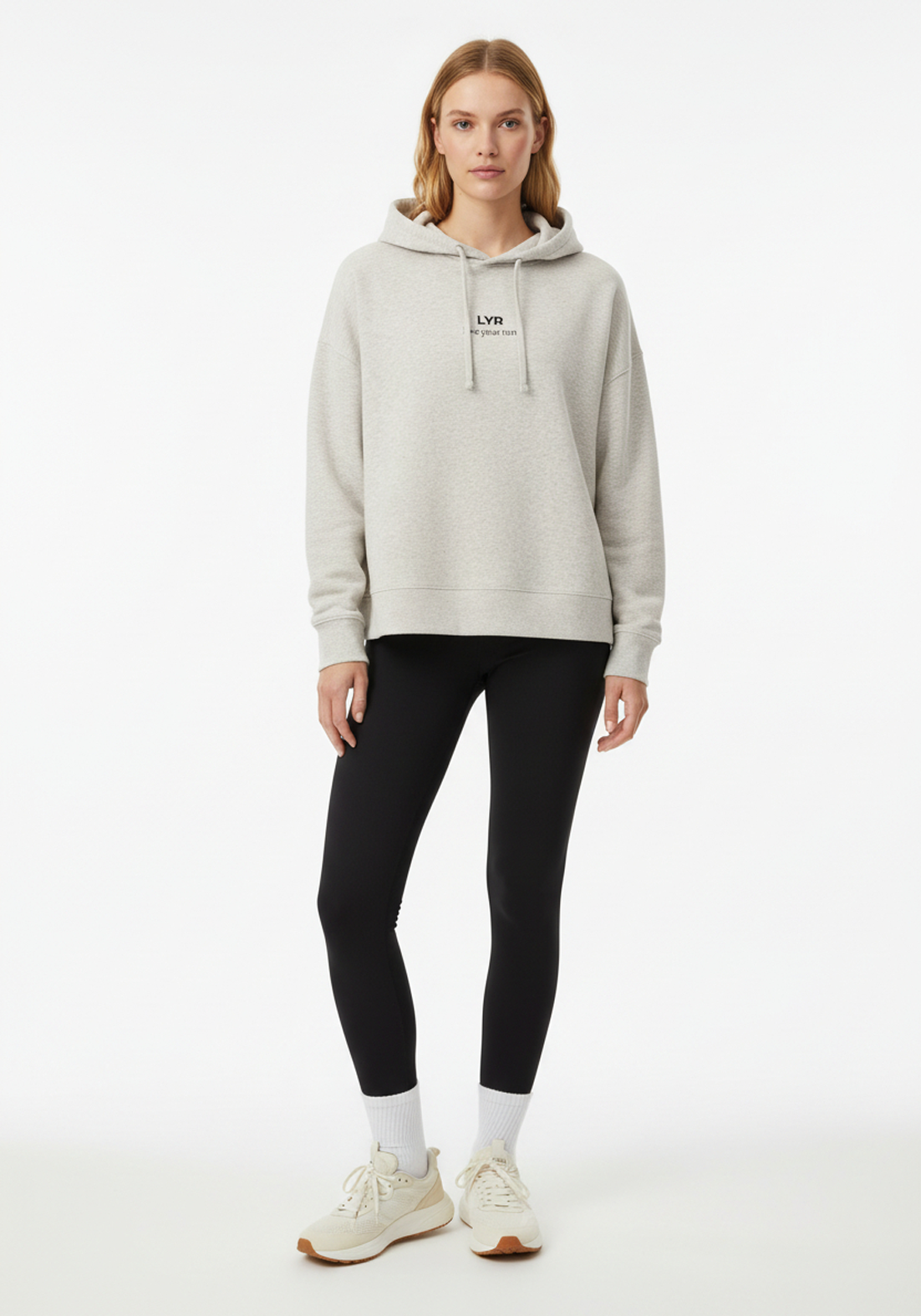 Layer Love Your Run Women's hoodie in warm grey, front view on model
