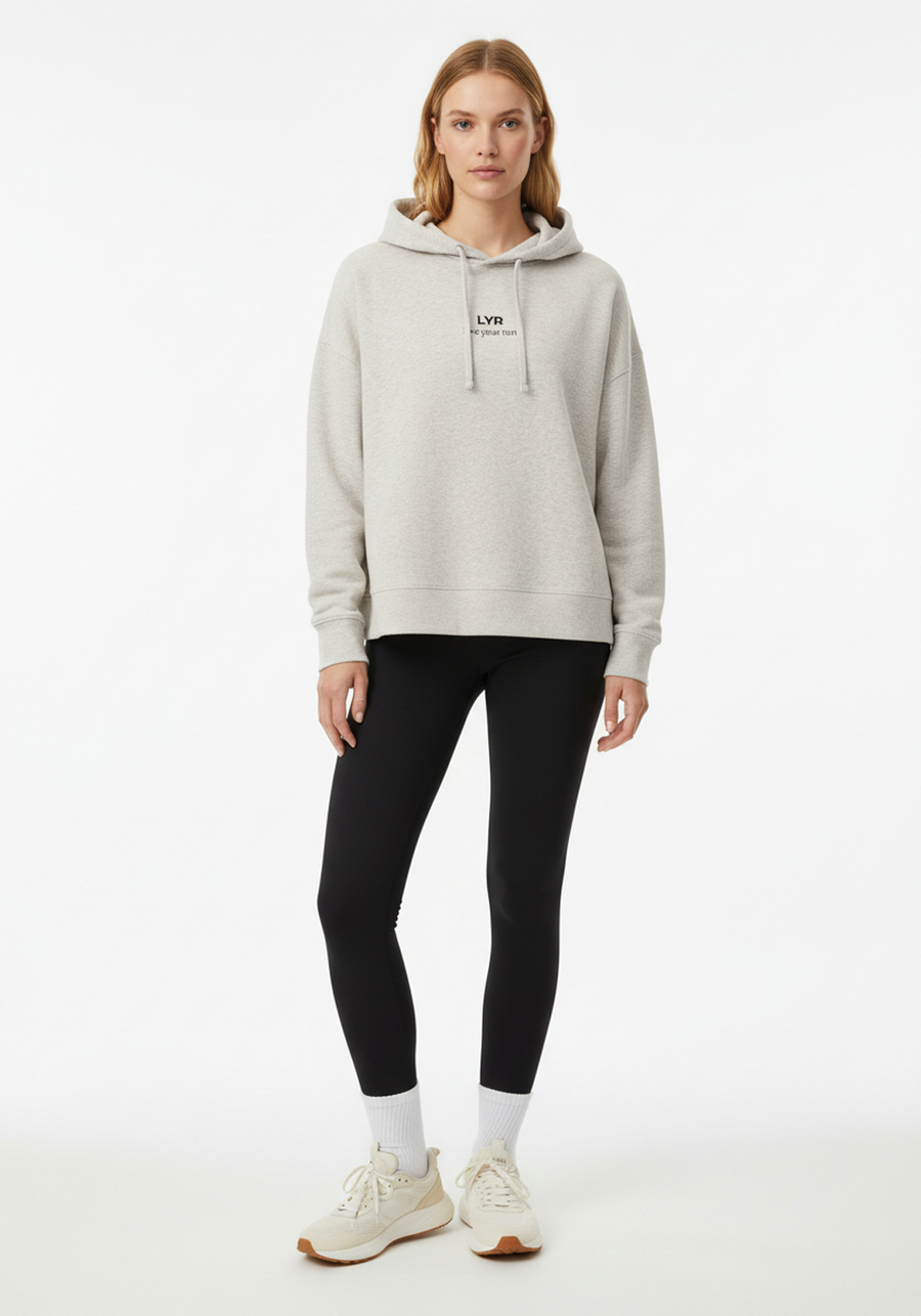 Layer Love Your Run Women's hoodie in warm grey, front view on model
