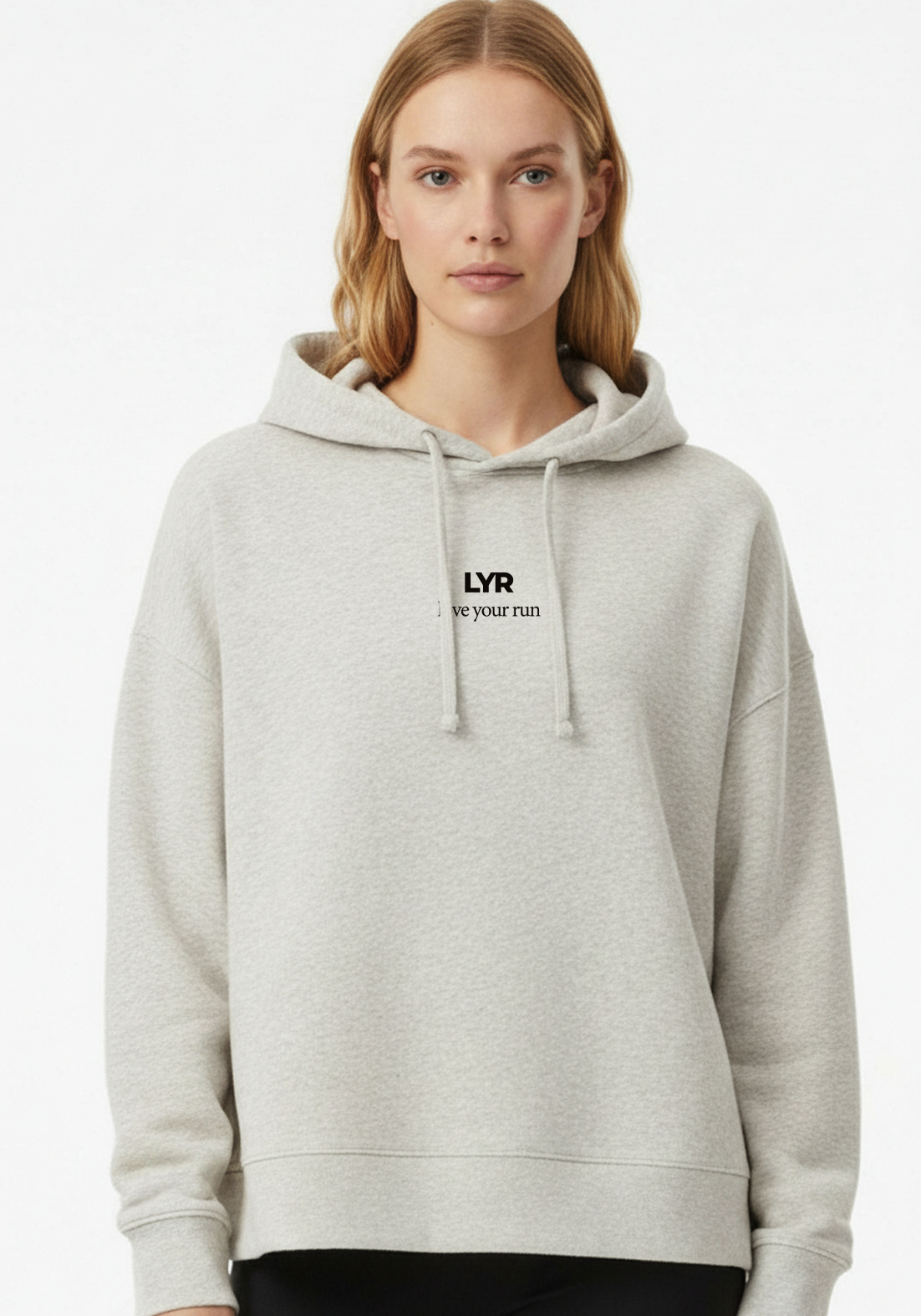 Layer Love Your Run Women's hoodie in warm grey, chest branding close-up
