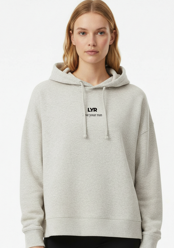Close up of Layer Love Your Run hoodie chest branding with LYR Love Your Run print