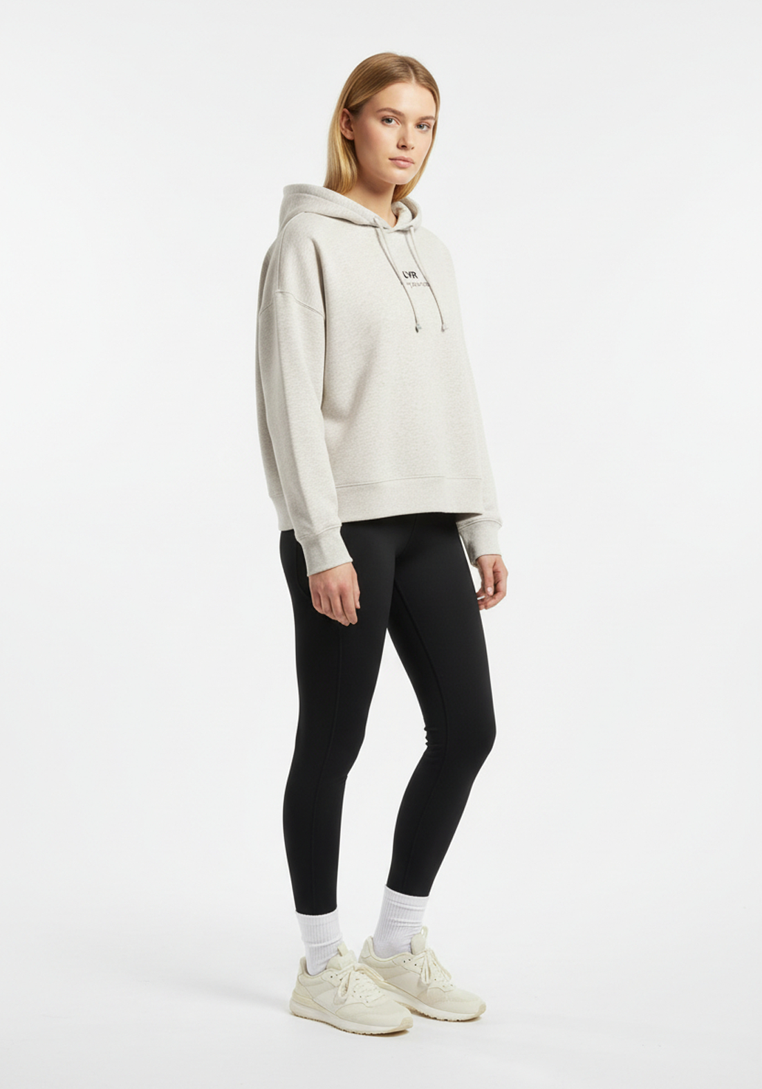 Layer Love Your Run Women's hoodie in warm grey, side view on model
