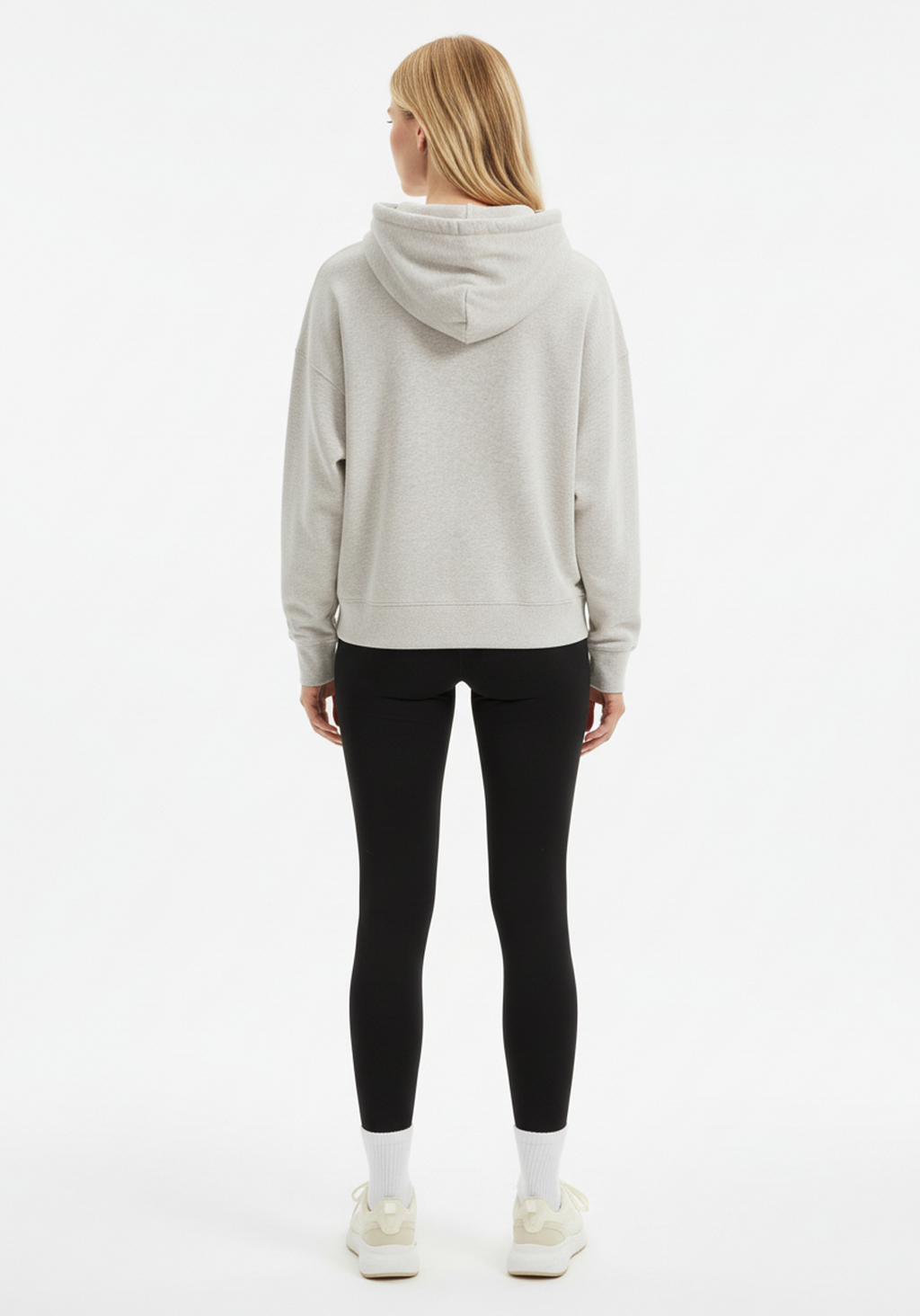 Woman wearing Layer Love Your Run hoodie in warm grey, rear view, relaxed fit athletic hoodie