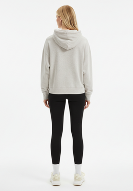 Layer Love Your Run Women's hoodie in warm grey, rear view on model
