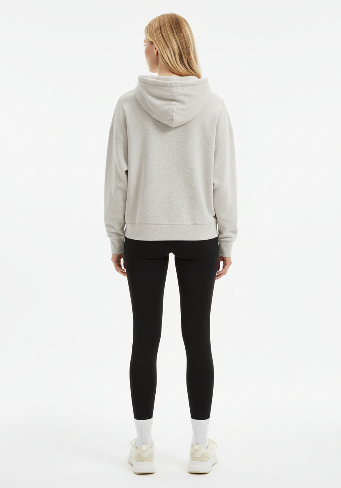 Woman wearing Layer Love Your Run hoodie in warm grey, rear view, relaxed fit athletic hoodie