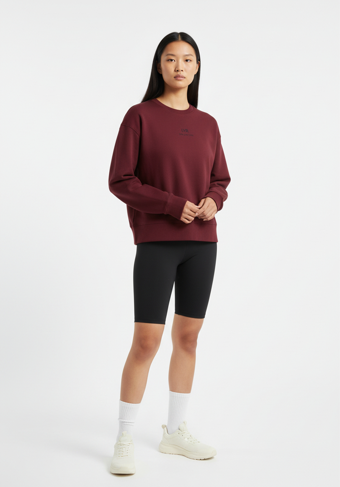 Layer Love Your Run Women's sweatshirt in burgundy, front view on model
