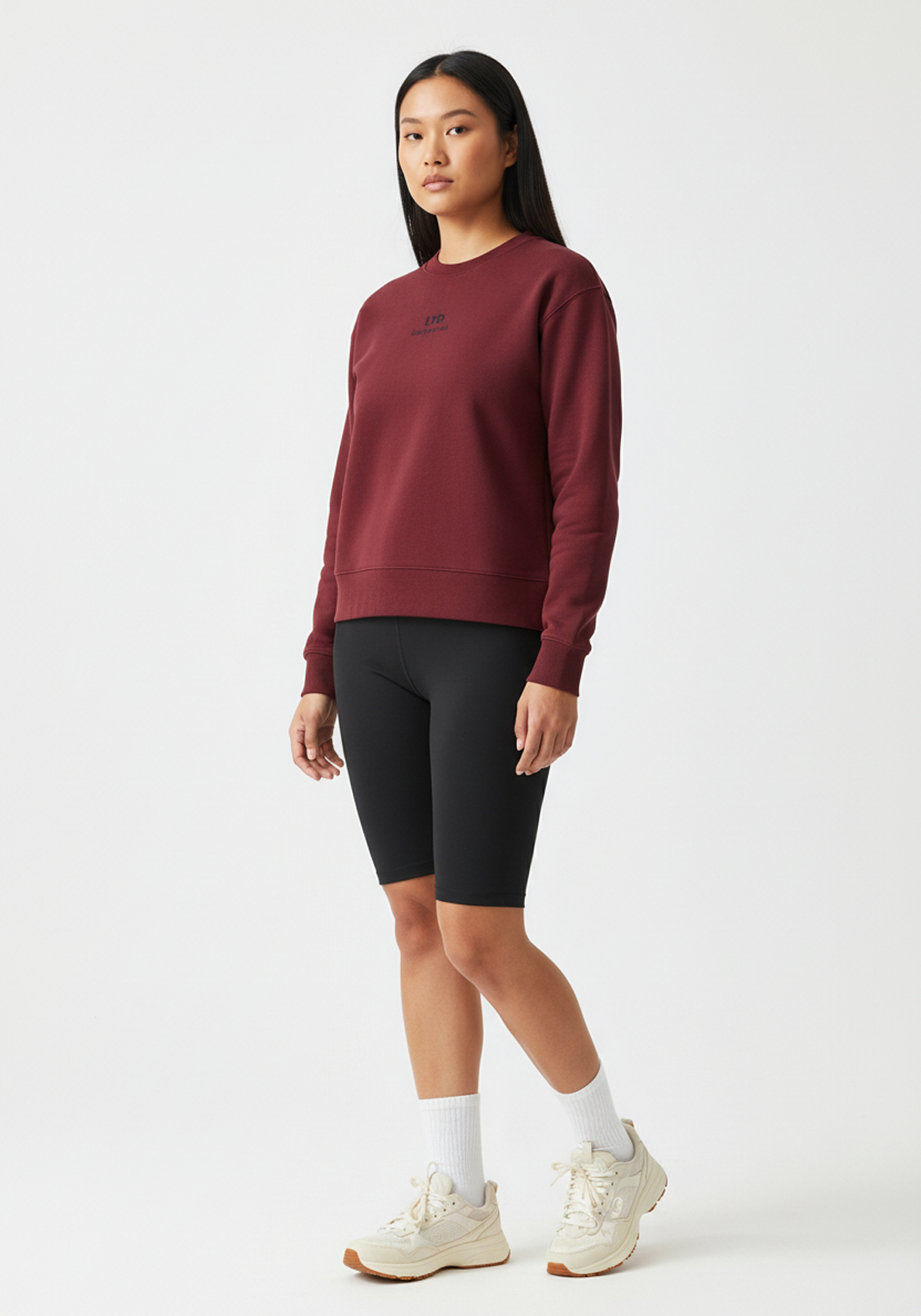 Layer Love Your Run Women's sweatshirt in burgundy, side view on model
