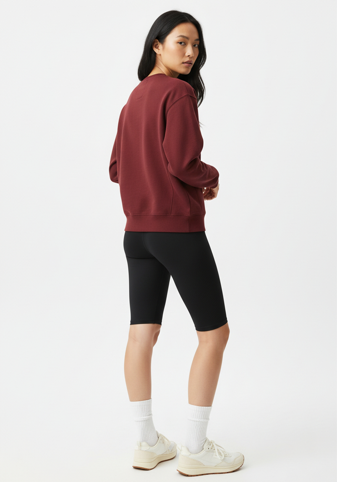 Layer Love Your Run Women's sweatshirt in burgundy, back view on model
